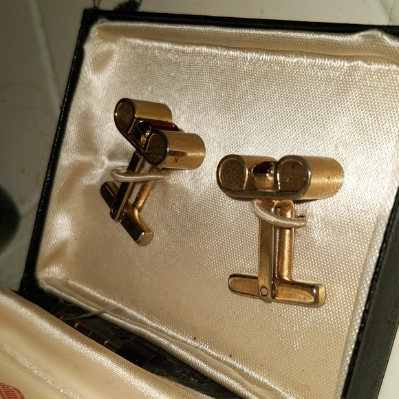 Hickok Signed 1940s Mid Century Ruby Gold Tone Men's Cuff Links Jewelry - Picture 5 of 10
